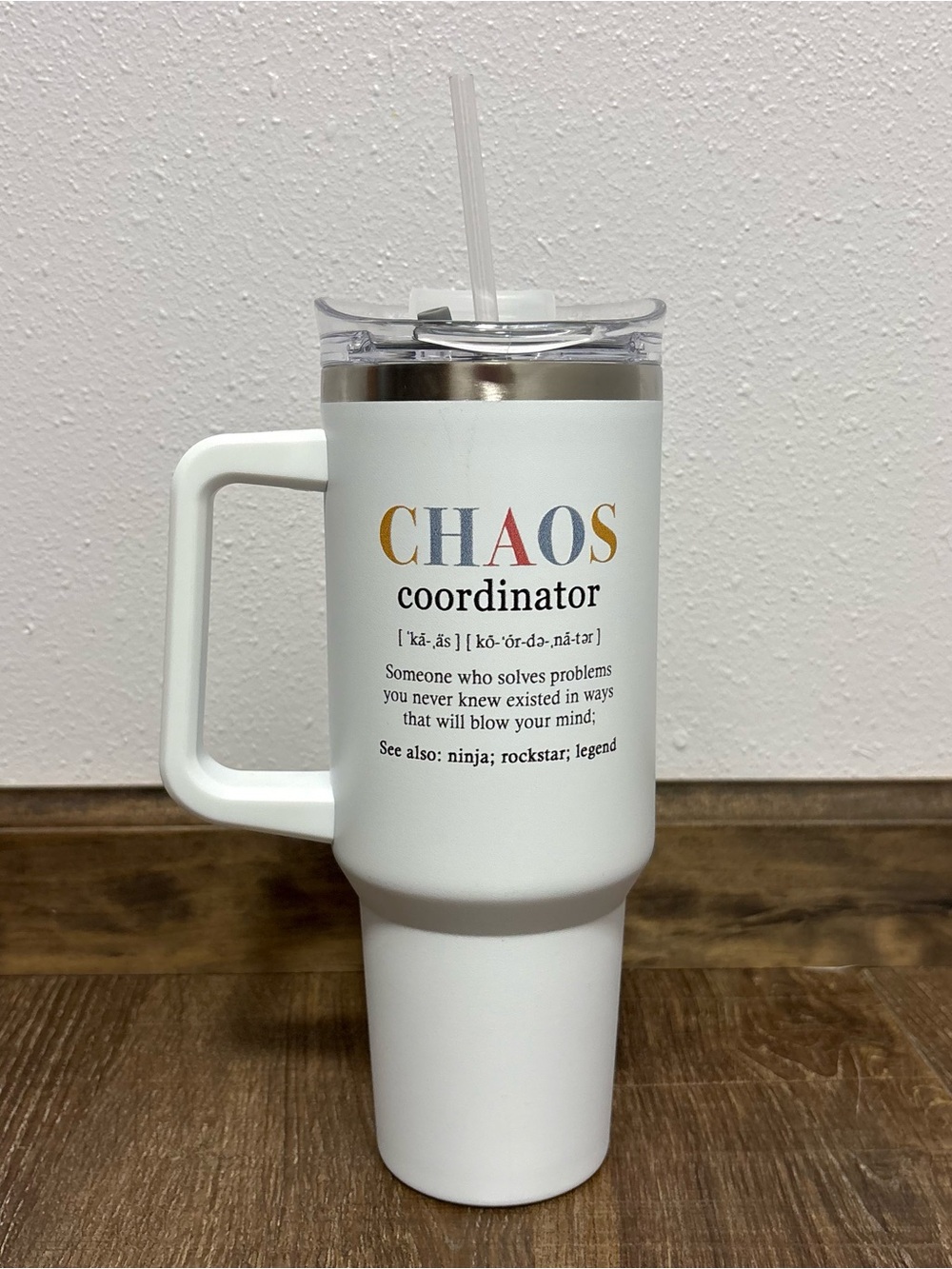 White 'CHAOS Coordinator' Insulated Travel Mug with Handle